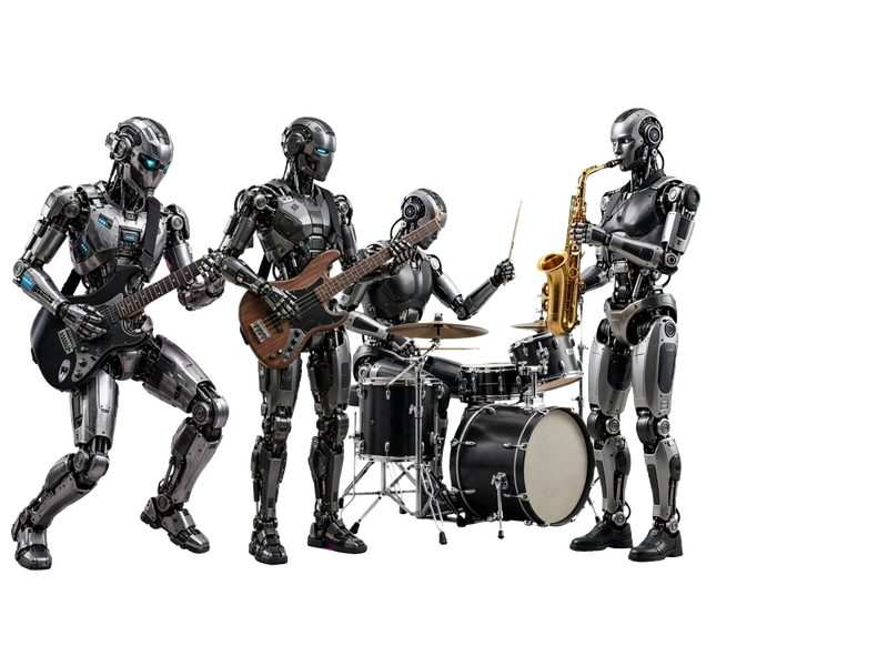 Vier freigestellte Robo-Musiker der ROBOBAND