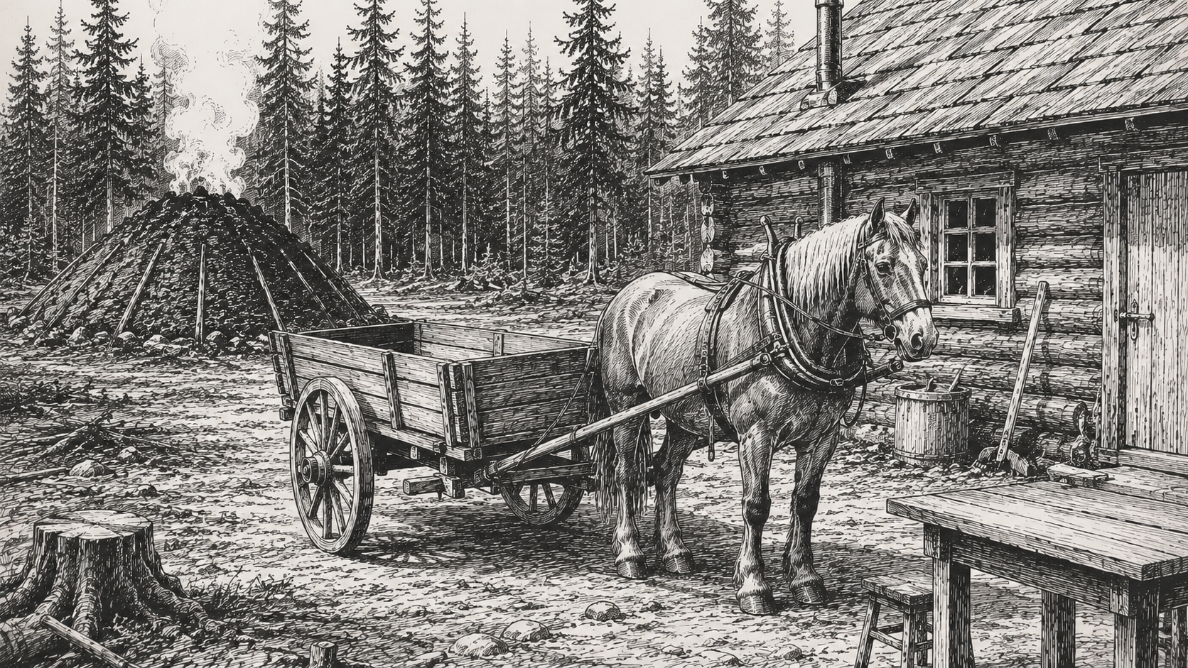 Federzeichnung: Friedrich kommt mit seinem Pferd und einem kleinen Hänger zur Holzhütte am Kohlemeiler
